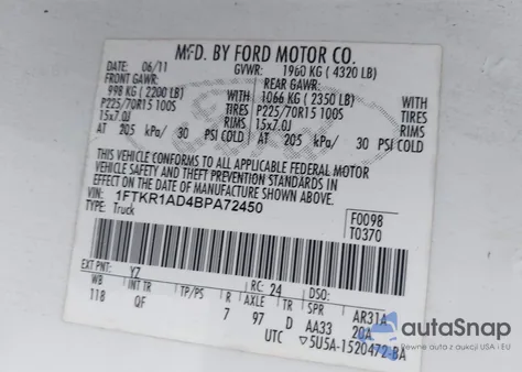 2011 Ford Ranger Xl из США, поврежденный, VIN 1FTKR1AD4BPA72450